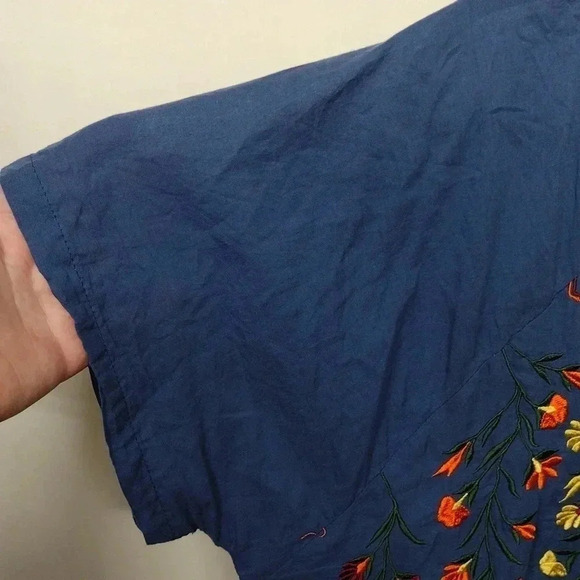 Anandas Boho Embroidered Tunic Top Navy Blue Fringe Hem Festival Style - Picture 6 of 7